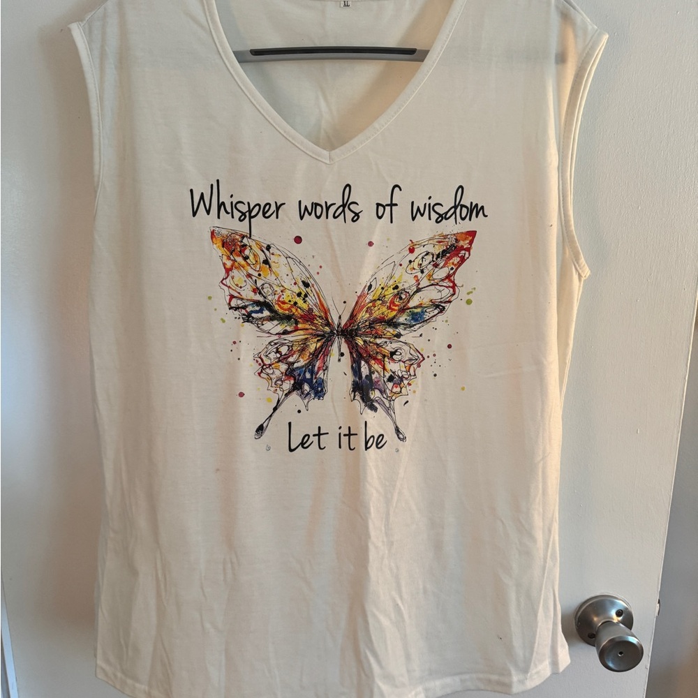 White with Butterfly Beetles Lyrics Sleeveless Tank Top XL